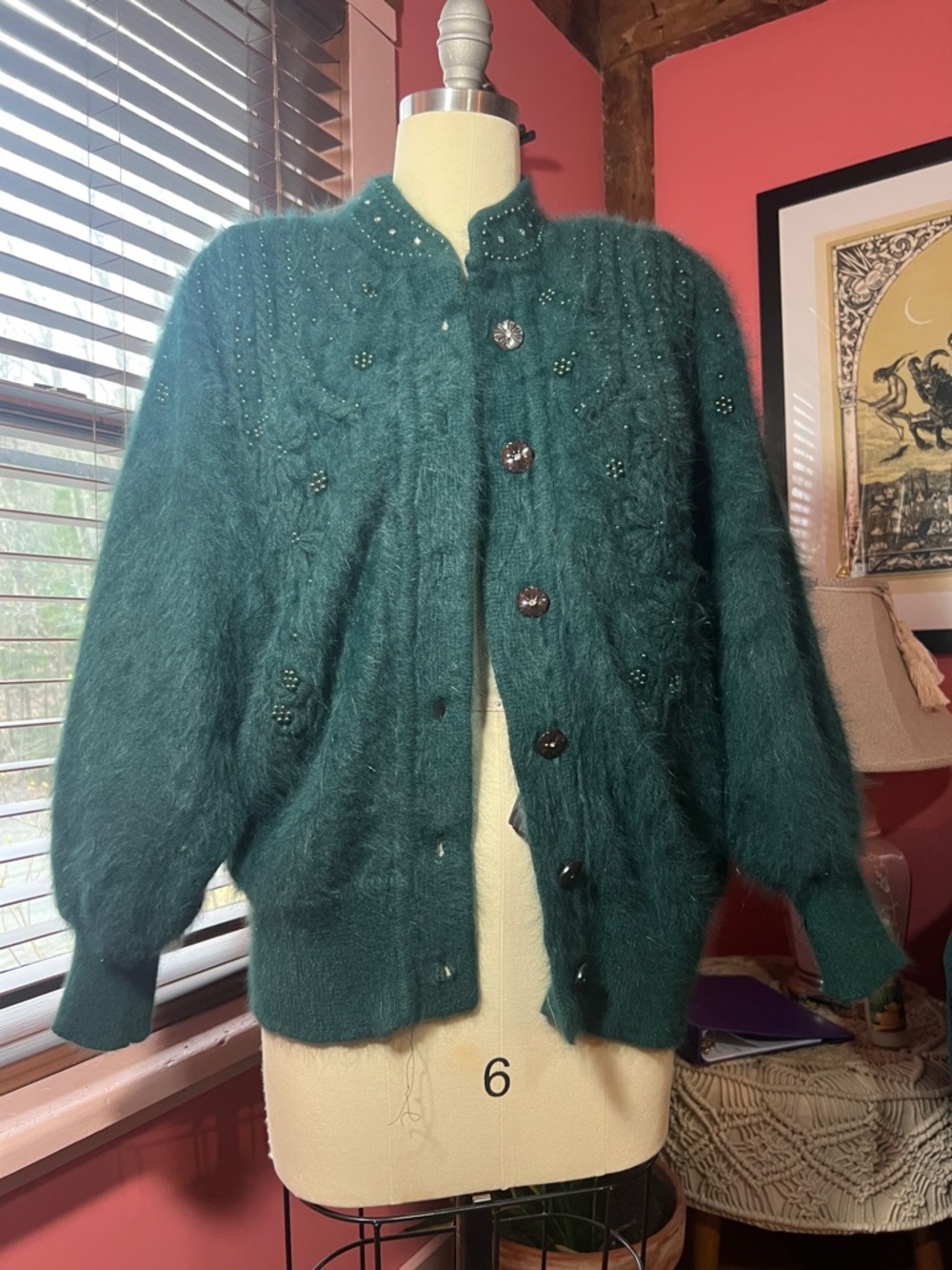 Embellished Teal Mohair Blend Button Cardigan